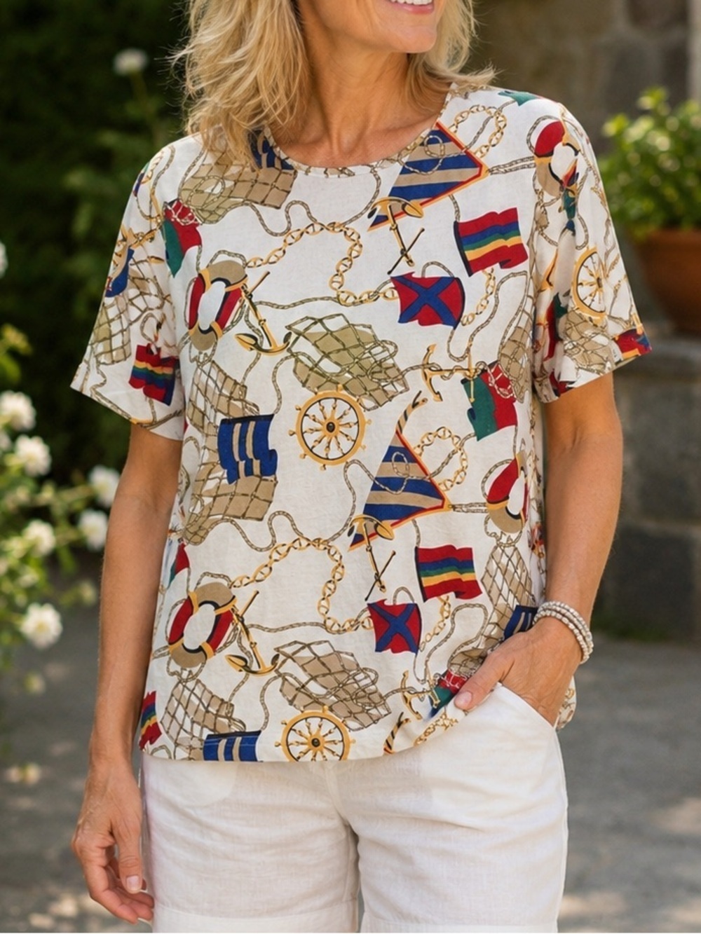 Talbots Vintage Nautical Short Sleeve Boat Theme Coastal Cotton Shirt Size Med